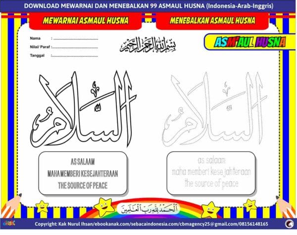 E257.5 Mewarnai dan Menebalkan 99 Asmaul Husna (Indonesia-Arab-Inggris); As Salaam_11zon