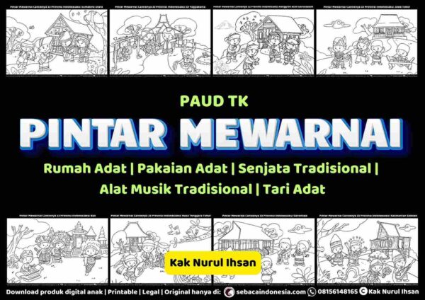 E264 Pintar Mewarnai Rumah Adat, Pakaian Adat, Senjata Tradisional, Alat Musik Tradisional, Tari Adat