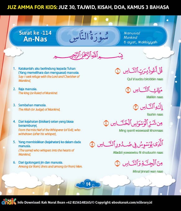 Juz Amma for Kids; Surah ke 114 An Nas; Khat, Transliterasi, Latin, dan Bilingual Download Ebook PDF Juz Amma for Kids; Surah ke 114 An Nas; Khat, Transliterasi, Latin, dan Bilingual